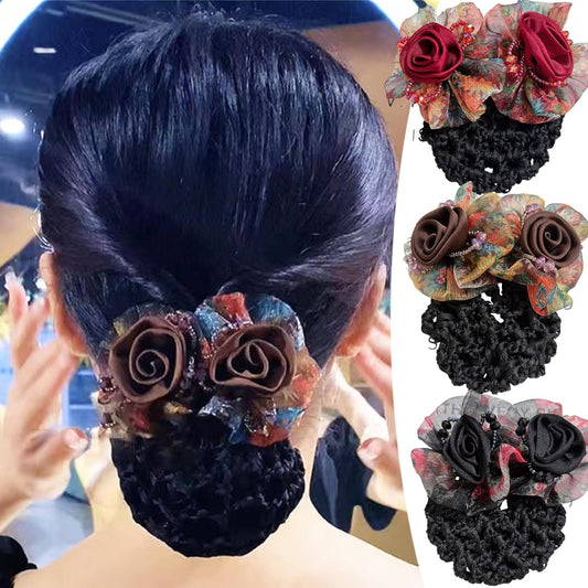 3 Pcs Flower Hair Bun Holder Covers for Women with Bowknot Hair Clips, Barrette Ribbon, and Snood Hairnet