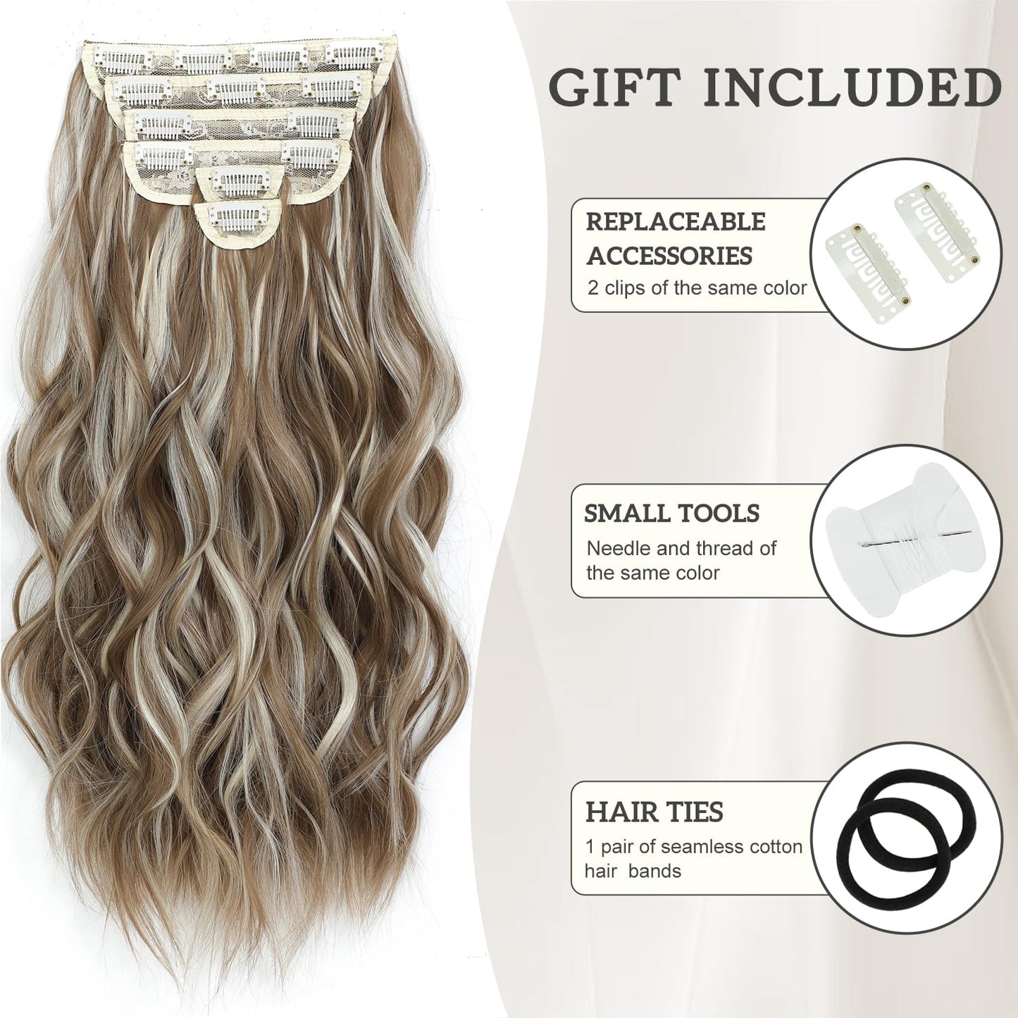 Hair Extensions Clip ins, 6 PCS Wavy Extensions, Brown with Blonde Highlights Thick Hairpieces, Blends Well Hair (16Inch, 6PCS, Brown with Blonde Highlights)