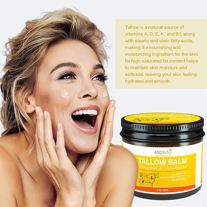 Handmade Whipped Tallow Balm for Skin Care- All Natural Grass Fed Beef Tallow All Purpose Balm,Face and Body Moisturizing Cream, Tallow Balm For Dry Skin- 2 oz