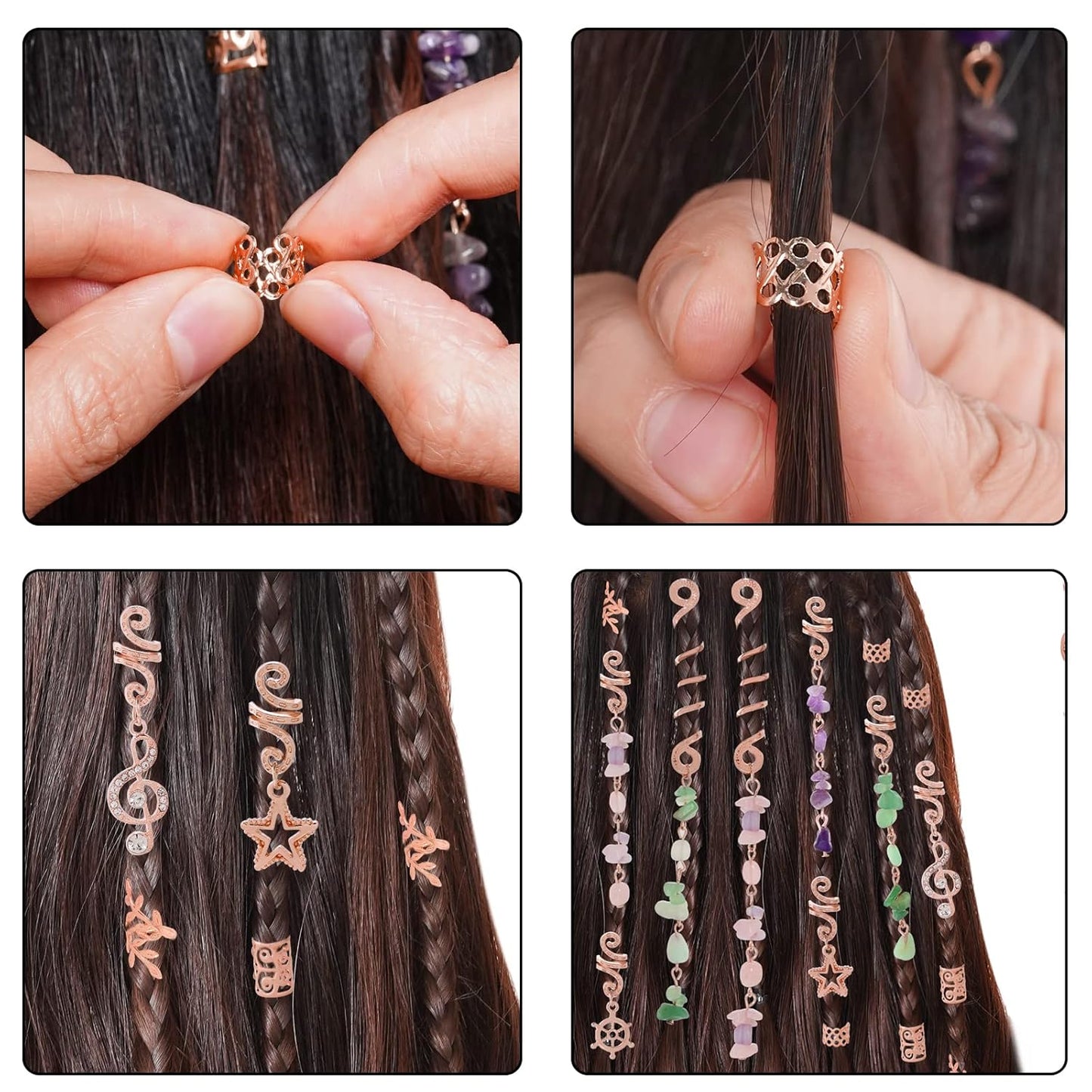 hoyuwak 40 Pcs Hair Jewelry for Braids Loc Dreadlock Accessories Hair Beads Clips Cuffs Charms Rings for Women Hairstyle Decoration Rave, Rose Gold