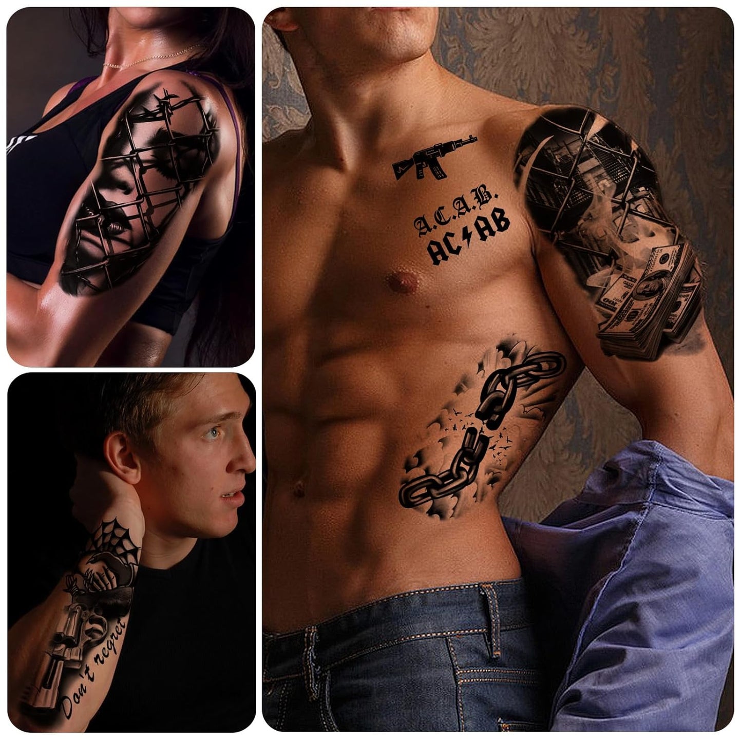 77 Sheets Temporary Tattoo For Men Women, Black Scary Skull Skeleton Knife Rose Temporary Tattoos For Adults Neck Arm Thigh, Small Mermaid Angle Clown Fake Tattoo Sticker For Boys Girls Tatoos