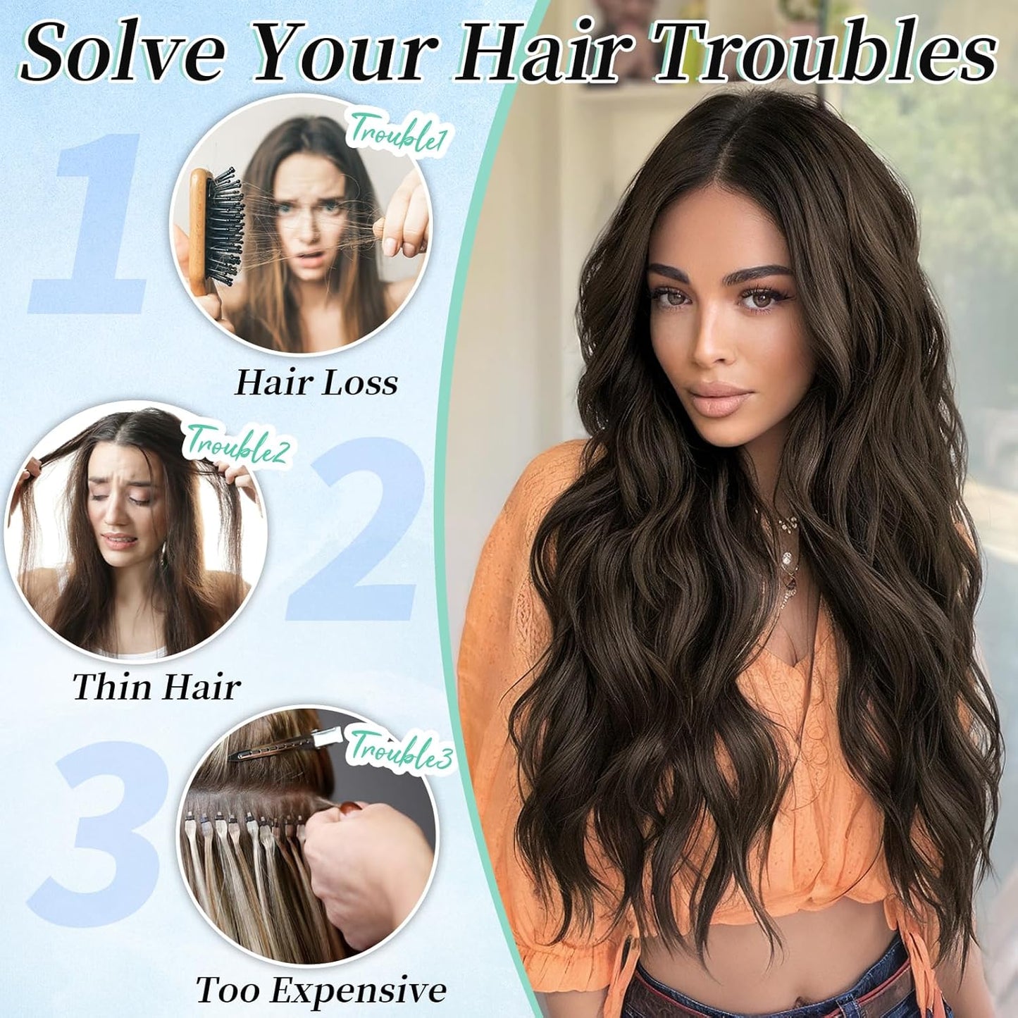 KooKaStyle Clip in Synthetic Hair Extensions Long Wavy 4PCS Thick Hairpieces Dark Chocolate Brown Fiber Double Weft Natural Hair Extensions 20 Inch for Women