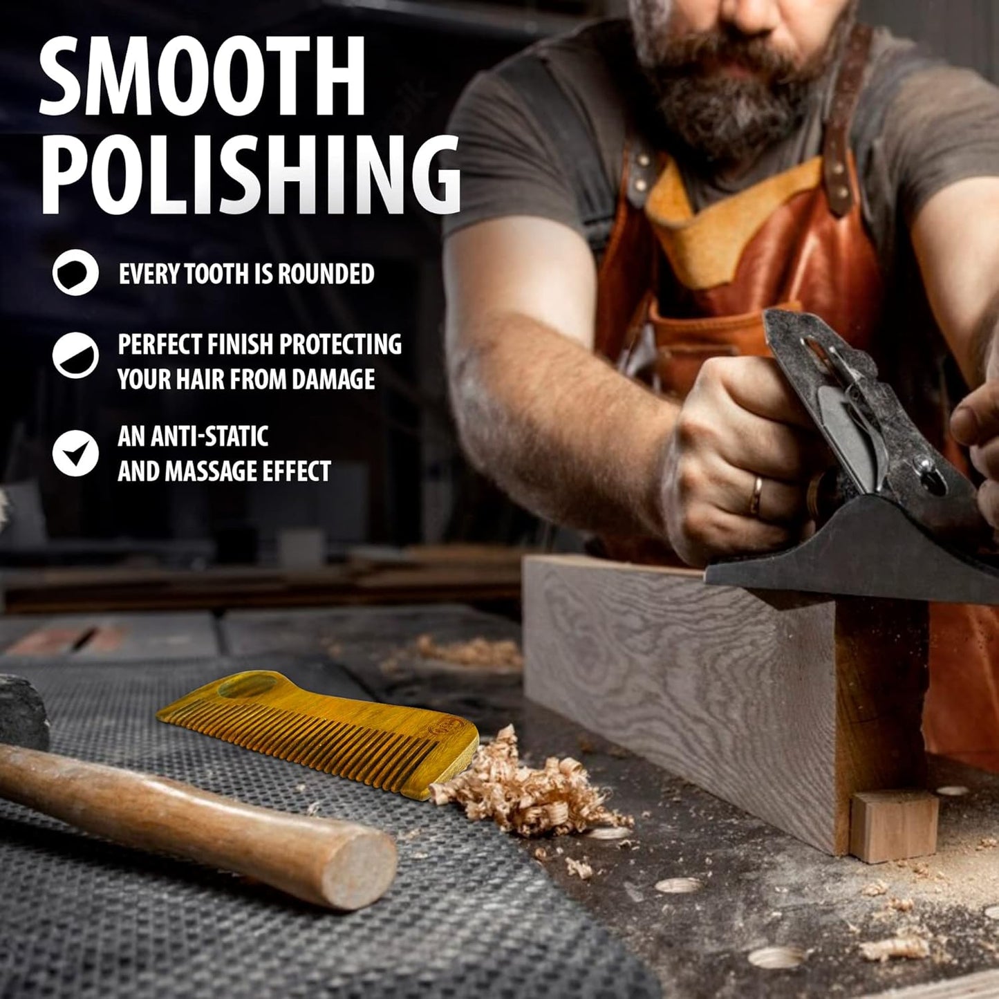 Wooden Hair Comb for Men - Premium Quality Anti-Static Sandalwood and Eco-Leather Pocket - Small Giftable Craft Box