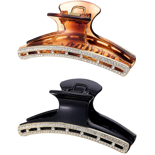 SINIDE Rhinestone Hair Clips, Crystal Plastic Claw Clips Nonslip Acrylic Metal Jaw Clip for Thin Long Hair, Fashion Elegant Clamps Accessories for Women Strong Hold Barrette for Styling (2 Pack)