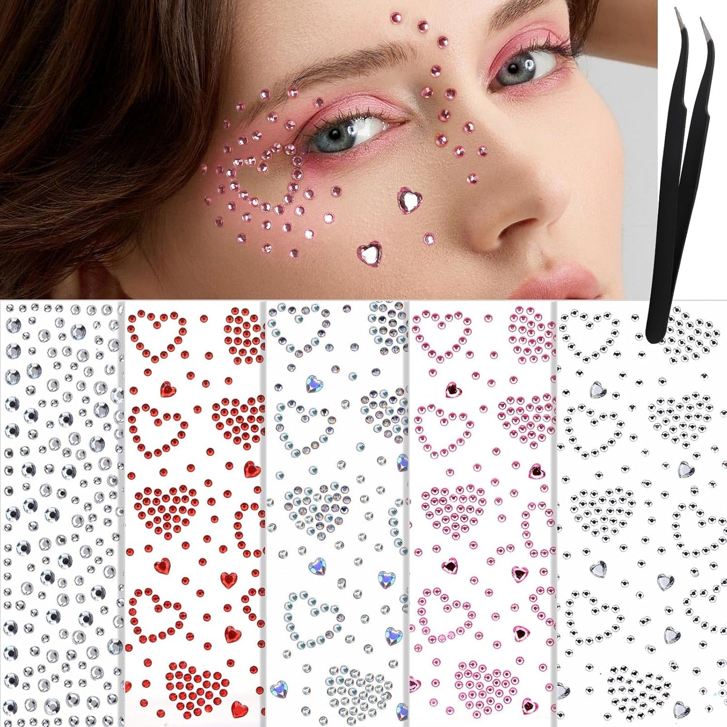 YGDZ Face Gems 5 Sheets Hair Gems, Self Adhesive Face Jewels Stickers, Heart Festival Face Gems Stick on, Rhinestone stickers for Face, Eye, Makeup, Rave Accessories for Kids, Women