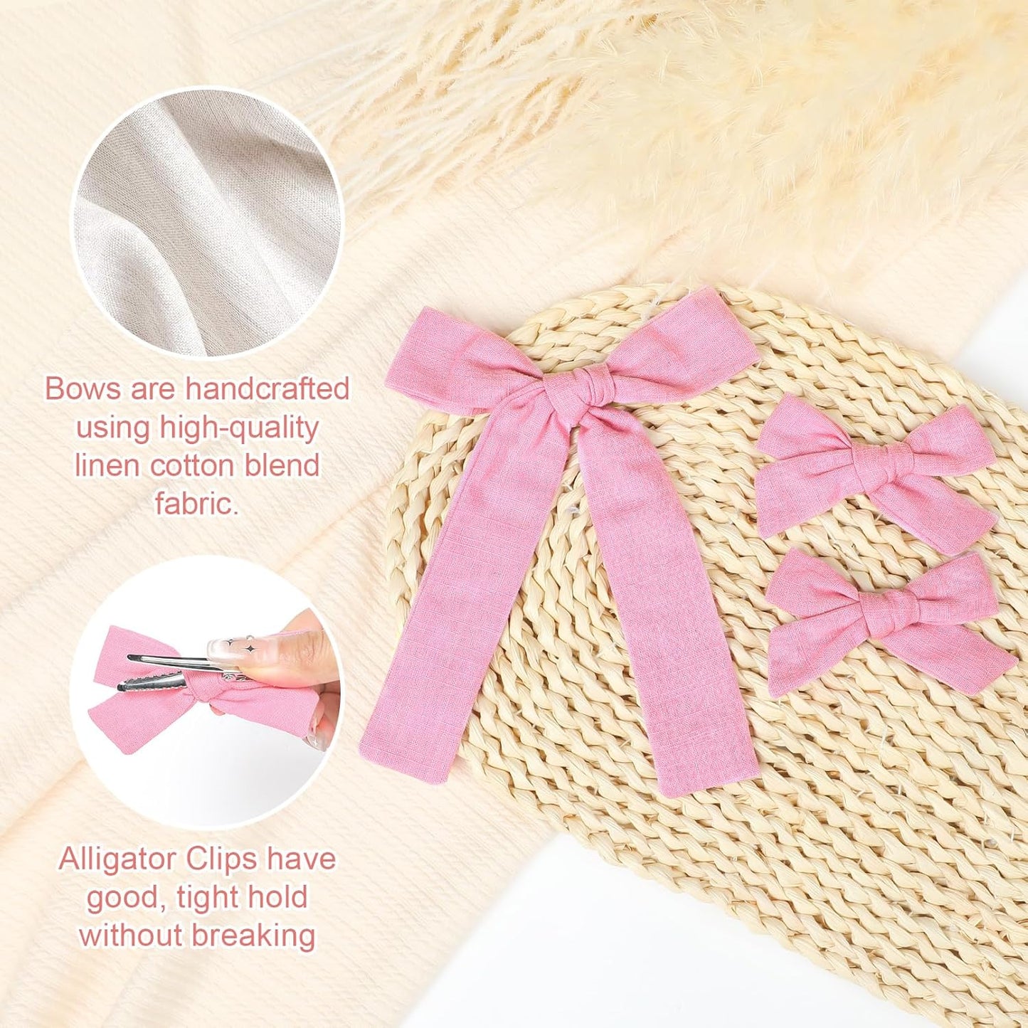 DEEKA Hot Pink Cotton Linen Hair Bows 2 Sizes 5"&3.5" Soft Hair Bow set for Toddler Girls Long Ponytail Knot Bows Alligator Clip Hair Accessories for Little School Girls (Hot Pink)