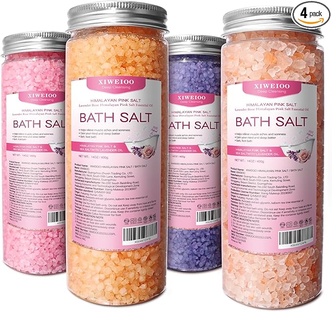 Bath Salt 4 Pack Kit 56 OZ Himalayan Pink Salt Foot Soak Lavender Orange Rose Scent Tea Tree Oil Epsom Salt Bubble Bath for Women Dead Sea Salt Moisturizing Skin Softens Calluses