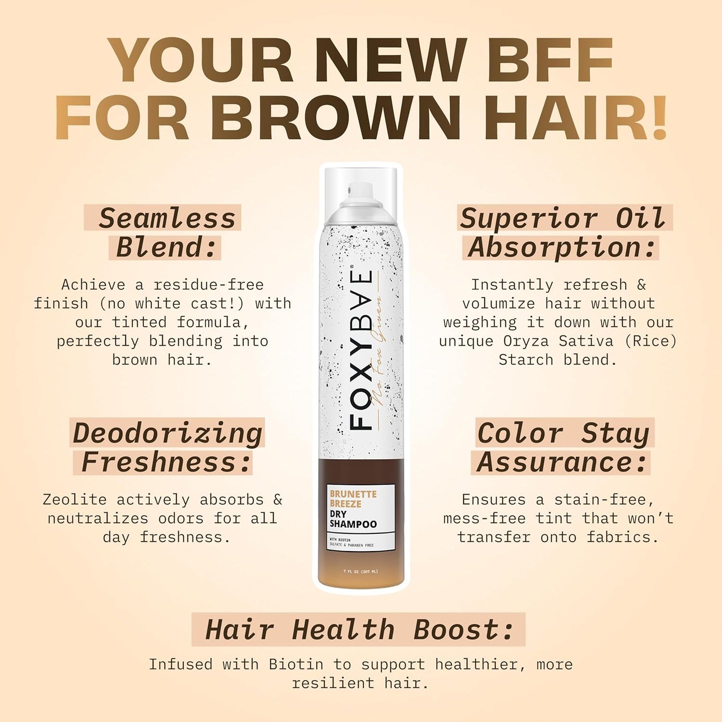 FoxyBae Dry Shampoo Spray – Biotin-Infused Volumizing Formula – Deodorizing, Sulfate-Free Option for Dark & Brunette Hair – Brunette Breeze – 7 fl oz