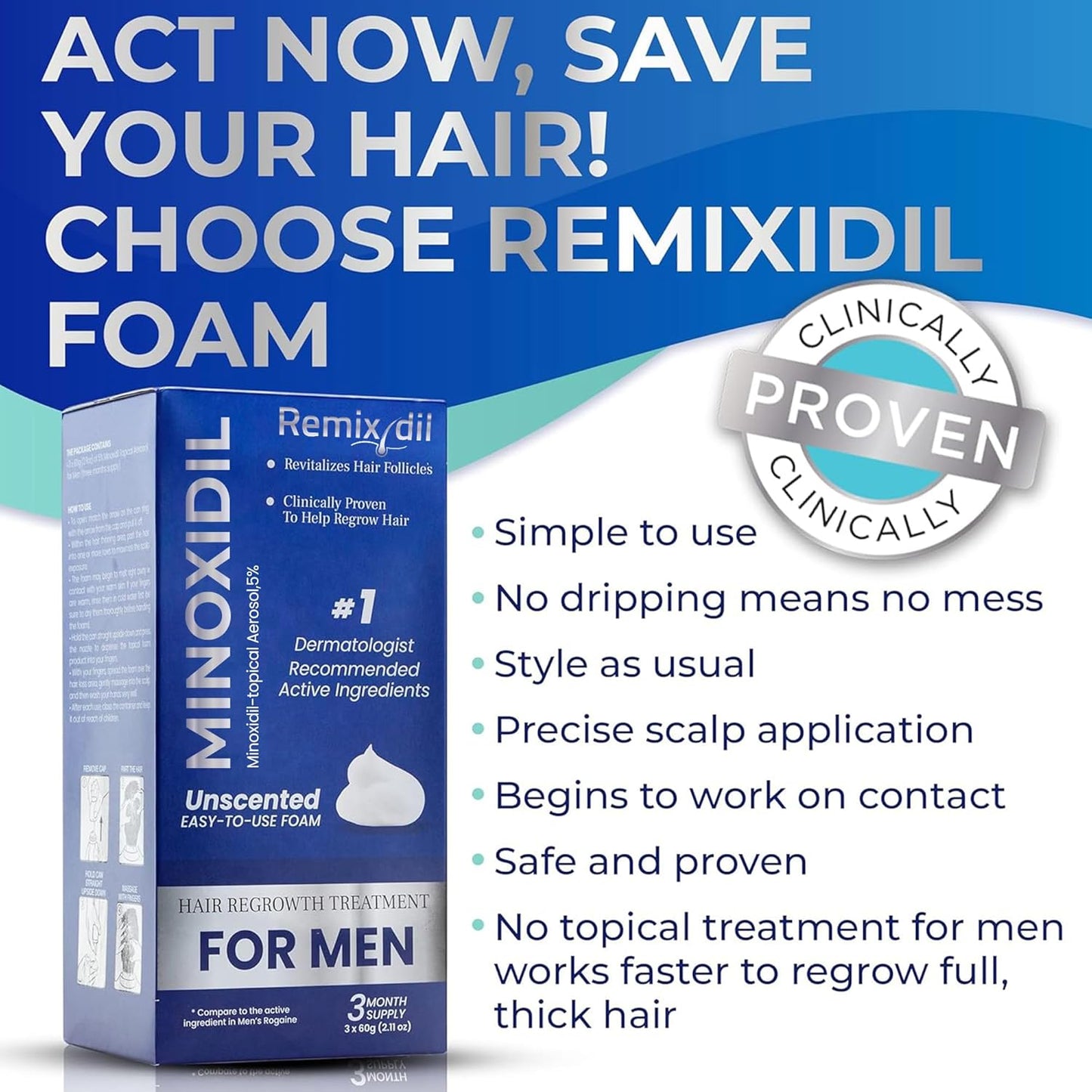 Remixidil Men’s 5% Minoxidil Foam | Hair Regrowth Treatment for Men | Clinically Proven Formula for Hair Loss and Hair Growth | No Scalp Irritation | 3-Month Supply