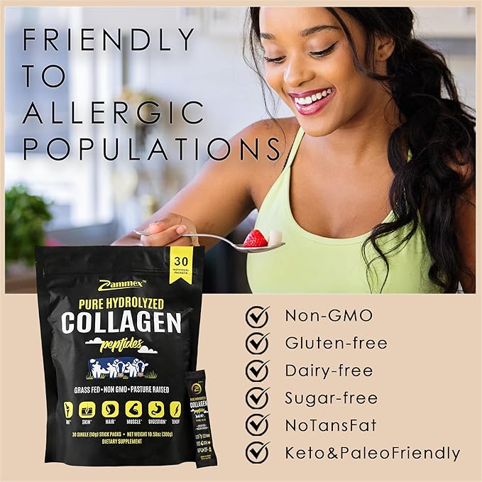 Premium Collagen Peptides Powder, 30 Sticks Travel Packets(Type I, III), Unflavored Collagen Protein Powder to Go, Hydrolyzed Collagen Peptides for Skin Hair Nail Joint, 10g per Serving, Paleo & Keto