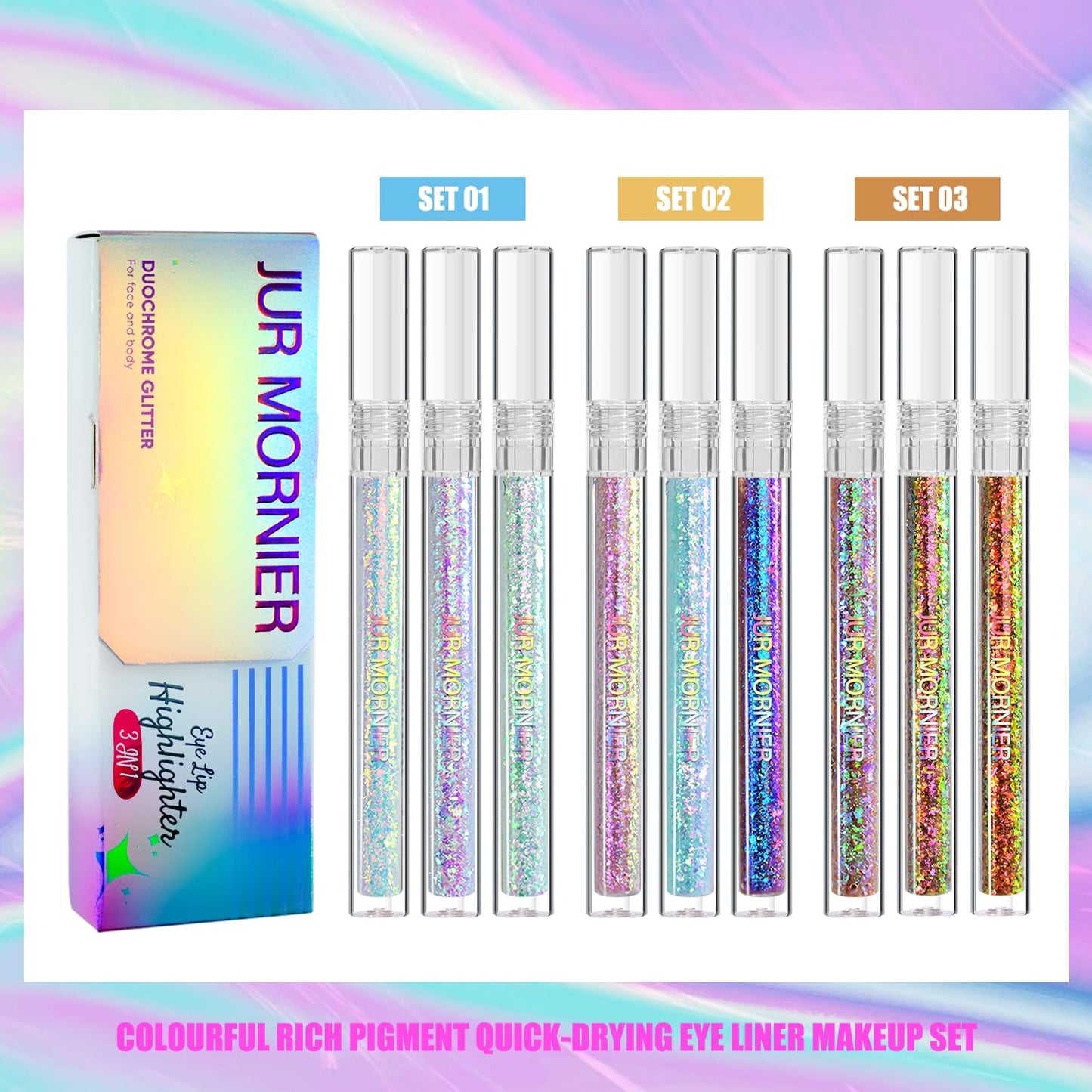 Multichrome Liquid Eyeshadow Set,3 Colors Multi-Dimensional Eye Liner Makeup,High Pigment Waterproof Metallic Eye Shadow,Ultre Fine Tip Glitter Eyeshadow (A07+A08+A09)