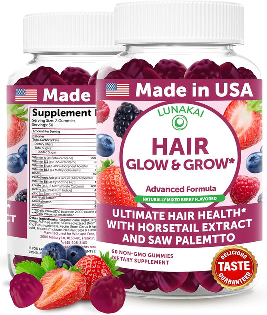 Lunakai USA Made Super Hair Gummies with Biotin, Zinc, Horsetail Extract & Saw Palmetto - Hair Growth Vitamins for Women & Men – Supports Thicker, Longer, Stronger Tresses, Skin & Nails, 60ct