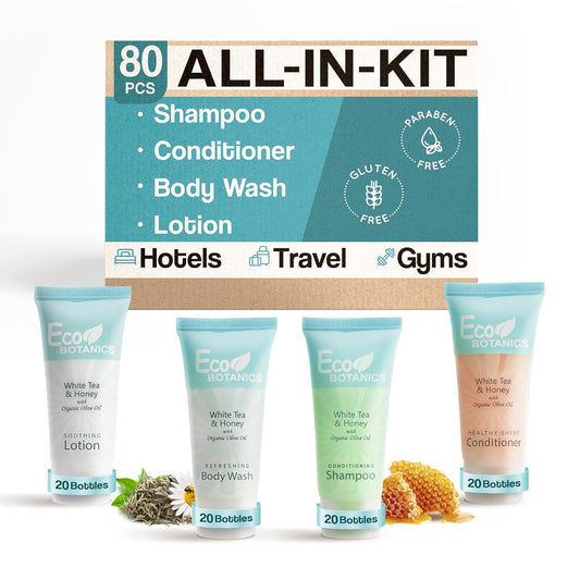Eco Botanics Toiletries Set | 1-Shoppe Amenities Kit | 0.85oz Shampoo & Conditioner, Body Wash, Lotion | Travel Size | 80 Pieces