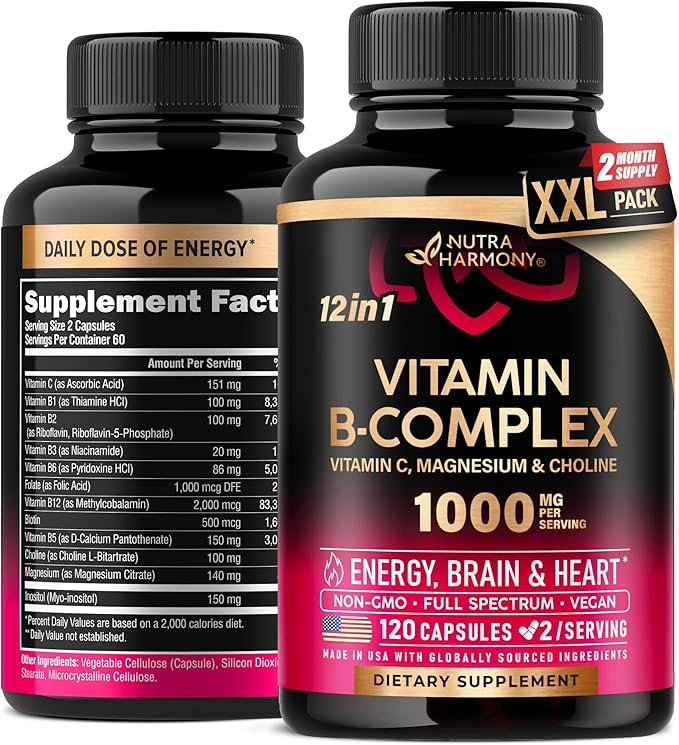 Vitamin B Complex for Men & Women - Made in USA - B-Complex: B1, B2, B3, B5, B6, B7, B8, B9, B12 with Vitamin C, Choline, Inositol - Energy, Brain & Heart Support Supplement, 120 Vegan Capsules