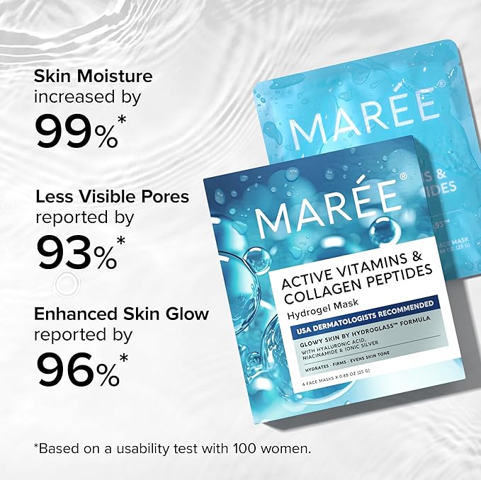 MAREE Hydrogel Collagen Face Mask with Hyaluronic Acid - Hydrating Face Masks Skincare with Niacinamid & Ionic Silver - Mascarillas Faciales For Women Skin Care - 4 Count