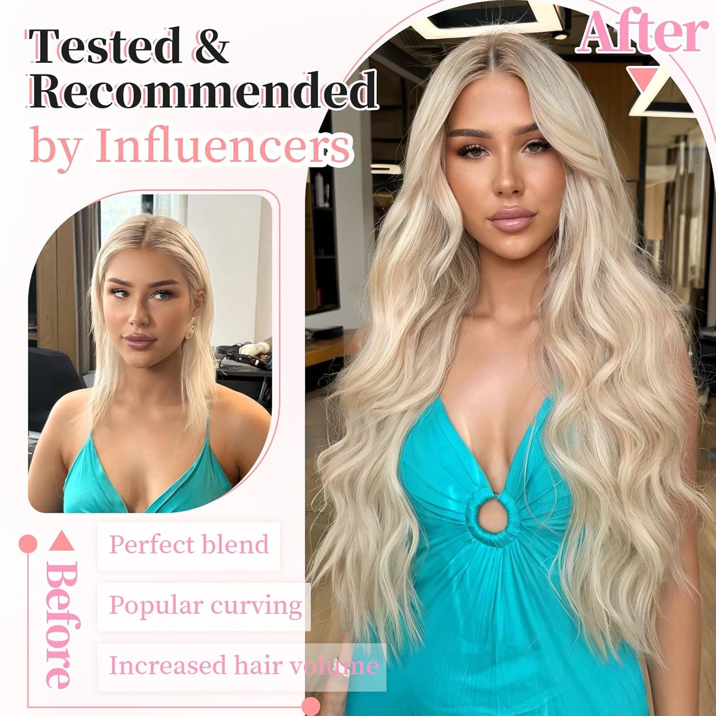 KooKaStyle Clip in Long Wavy Synthetic Hair Extension 20 Inch Pearl Blonde 4PCS Thick Hairpieces Fiber Double Weft Hair for Women