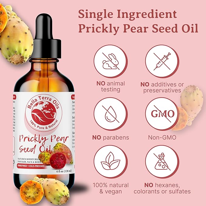 Bella Terra Oils - Prickly Pear Seed Oil 2oz - The Essence of Prickly Pear Cactus, A Haven of Vitamin A & Magnesium, an Elegant Addition to Your Routine