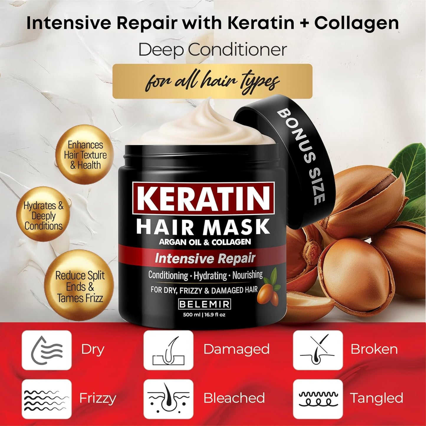 BELEMIR Keratin Hair Mask – Deep Conditioning for Damaged Hair – Collagen & Argan Oil Treatment – Hydrating & Repairing – Sulfate & Paraben Free – 500 ml / 16.9 fl oz