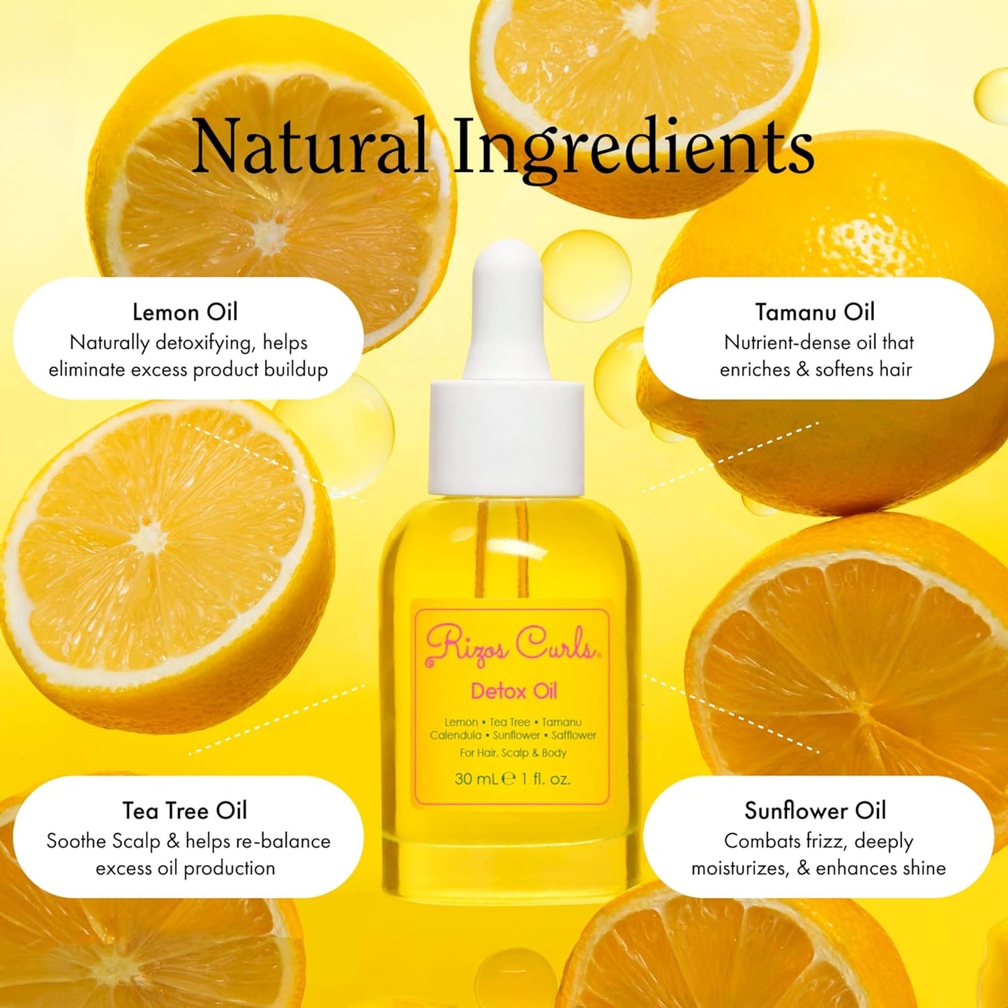 Rizos Curls Detox Oil, Detox & Balance Scalp to Reduce Buildup & Soothe Irritation, Support Hair Growth & Health with Tea Tree & Lemon Oil, For All Hair Types 1a - 4c, 1 oz