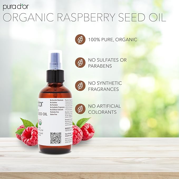 PURA D'OR 3.38 Oz ORGANIC Red Raspberry Seed Oil - 100% Pure USDA Certified, Cold Pressed Unrefined, Hexane-Free, Premium Grade - Sun Protection For Skin, Body & Hair