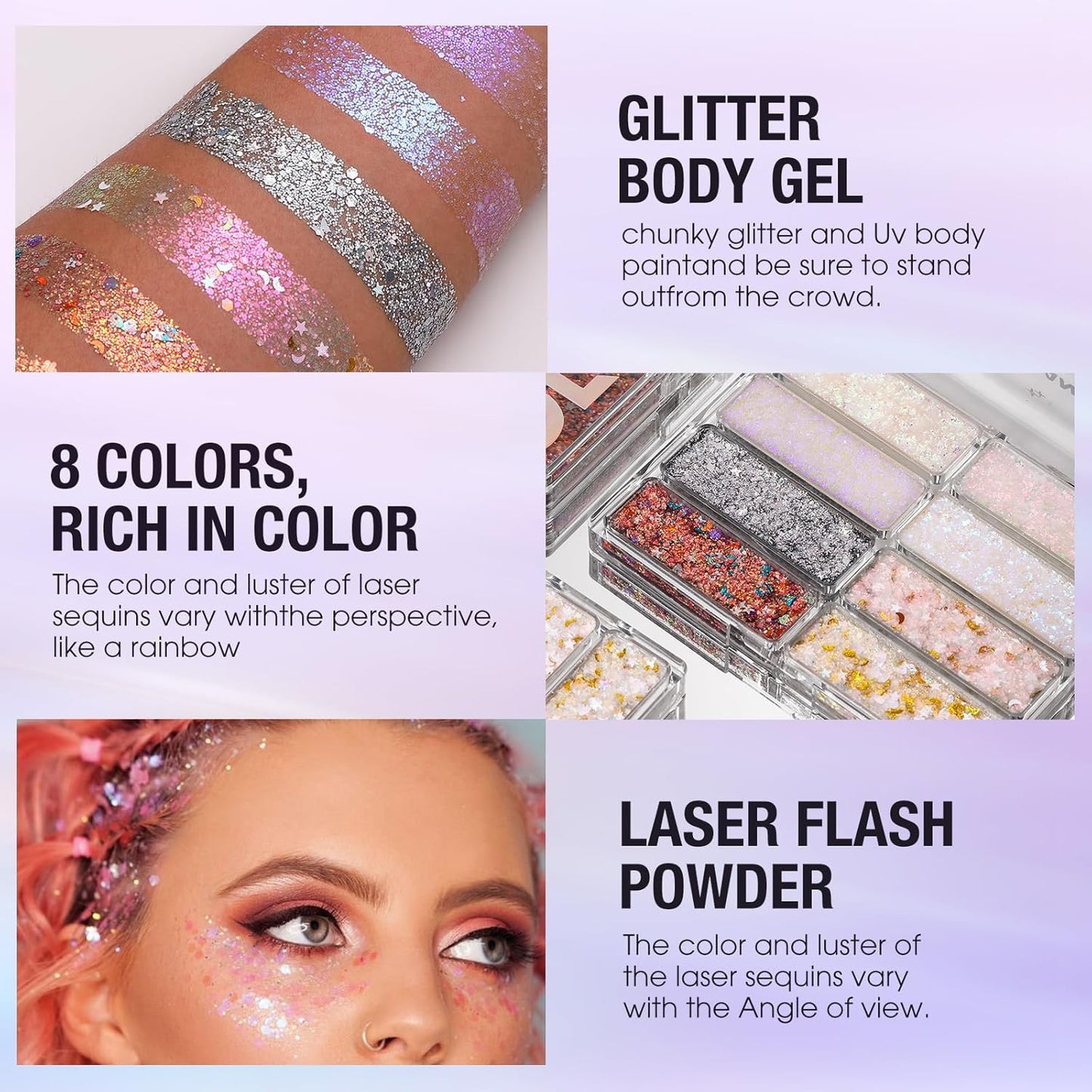LANGMANNI 8 Colors Face & Body Glitter Palette - Holographic Changing Sparkling Mermaid Sequins for Women Girls Music Festival Party Rave Makeup(#A)