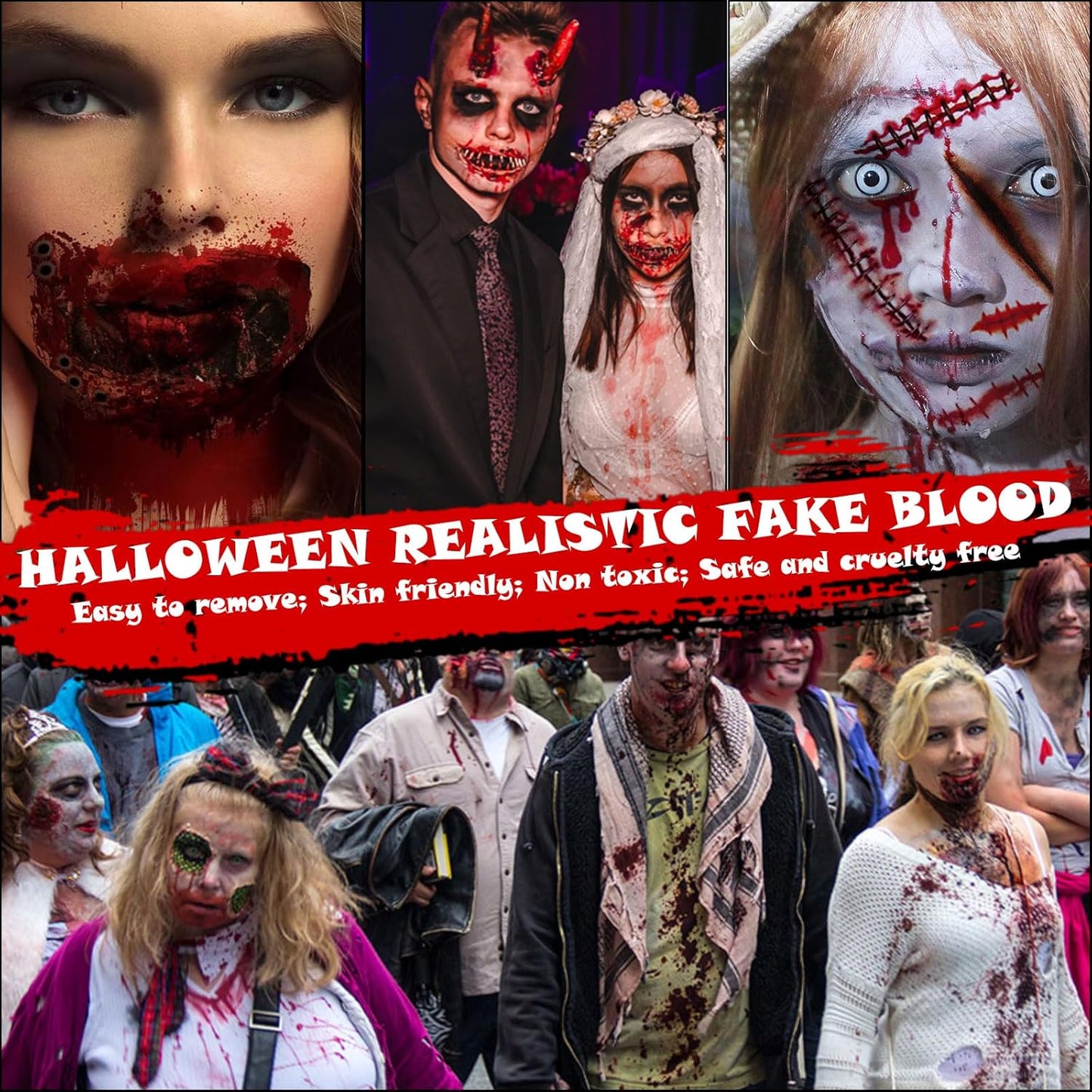 Halloween Fake Blood Makeup Kit 3PCS, Blood Spray 2.1oz, Dripping Blood 2.1oz, Coagulated Gel 1.41oz, Washable SFX Makeup Set for Vampire Zombie Monster Cosplay & Party Dress Up