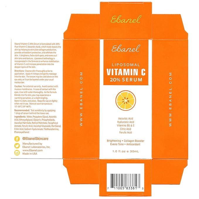 Ebanel Vitamin C Serum for Face with Ferulic Acid, Retinol, Vitamin B5 & E, Antioxidant Brightening Serum, Dark Spot Remover for Face, Anti-Aging Facial Skin Care for Day and Night