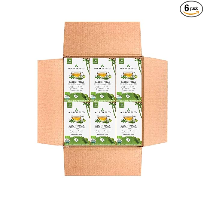 Miracle Tree - 6 Count of Organic Moringa Superfood Tea, 25 Individually Sealed Tea Bags, Green Tea (Keto, Detox, Energy/Immunity Booster, Vegan, Gluten-Free, Organic, Non-GMO, Decaffeinated)