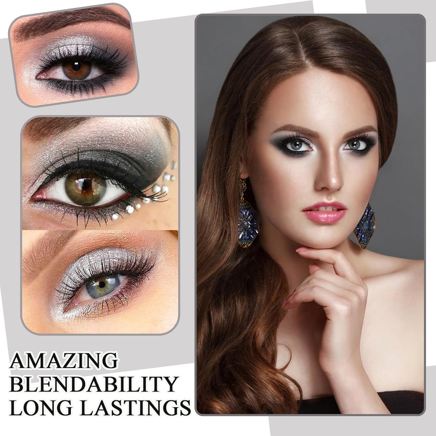 Black Grey Smoky Eyeshadow Palette,15 Colors Matte Shimmer Pigmented Eye Shadow Makeup Palette Set with 3 Eyeshadow Brushes,Glitter Eyeshadow Makeup Palette for Daily Halloween Goth Makeup(L)