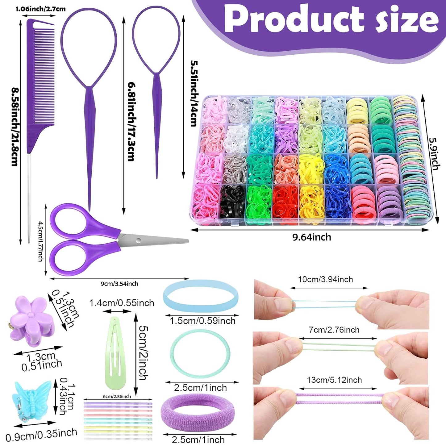 Hair Accessories for Girls, 1784 Pcs Elastic Ties Set 24 Color Rubber Bands With Organizer Box Cotton Baby Ties Styling Tool Set Clips Elastic Cutter Scissor