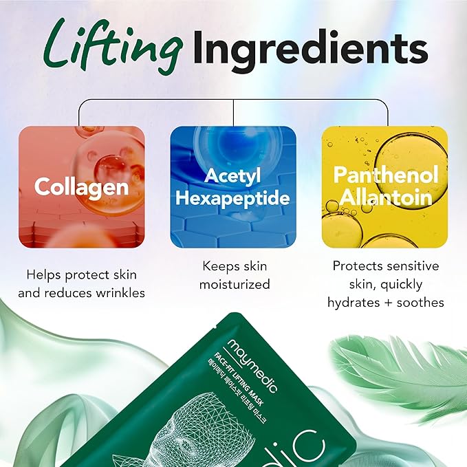 Face-Fit Lifting Mask, Green – Contour Enhancing & Hydrating Sheet Mask with Collagen, Hyaluronic Acid, Panthenol, and Allantoin for Firming & Soothing Sensitive Skin (5 Count)