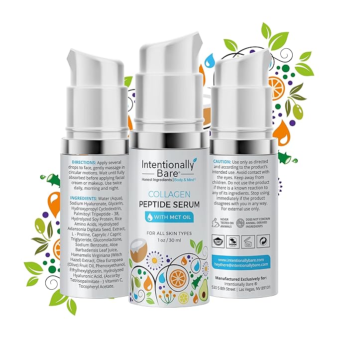 Intentionally Bare Collagen Serum for Face with MCT Oil - Collagen Peptide with Hyaluronic Acid for Fine Lines - Glow & Anti Aging Peptide Serum for All Skin Types - Firming Solution for Women - 1oz