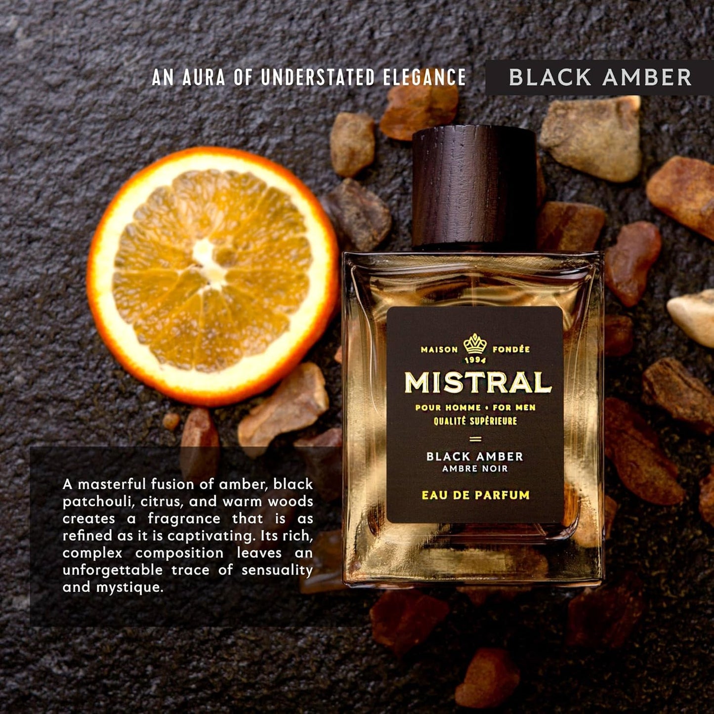 Mistral Men’s Cologne – Black Amber Eau de Parfum | Warm & Woody Masculine Scent with Fresh Lemon, Amber, Cedarwood & Musk | Cruelty-Free & Long-Lasting Perfume for Men, Made in France - 3.4 Oz