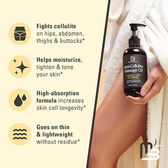 Anti Cellulite Massage Oil - Body Oil and Massage Oil for Massage Therapy | Infused with Collagen and Stem Cell Skin Tightening Cellulite Cream and Massage Lotion for Women 16 Fl Oz by M3 Naturals