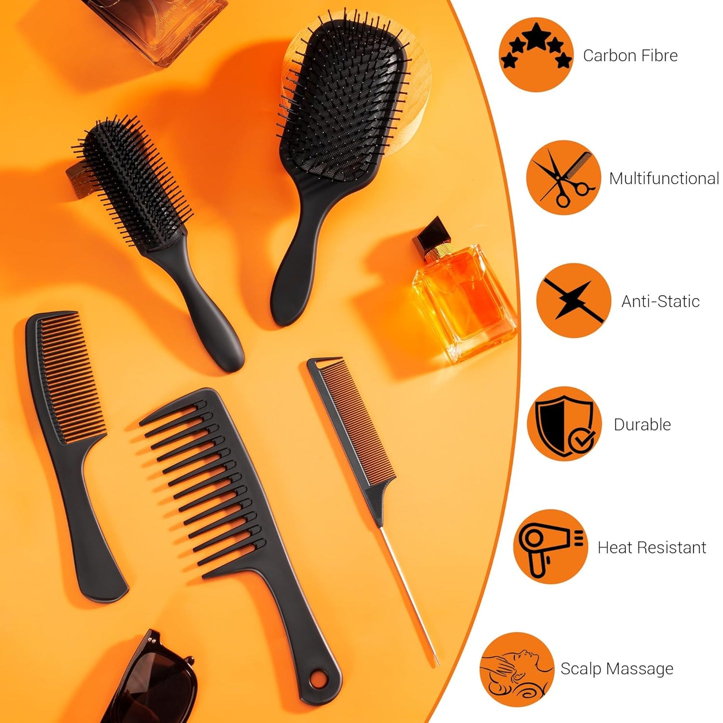 SALONSILK 5PCS Hair Brush Comb Set, Women Men Paddle Styling Hair Brushes Wide Fine Tooth Combs, Rat Tail Parting Barber Professional Set for Detangling, Thick, Natural, Thin, Curly