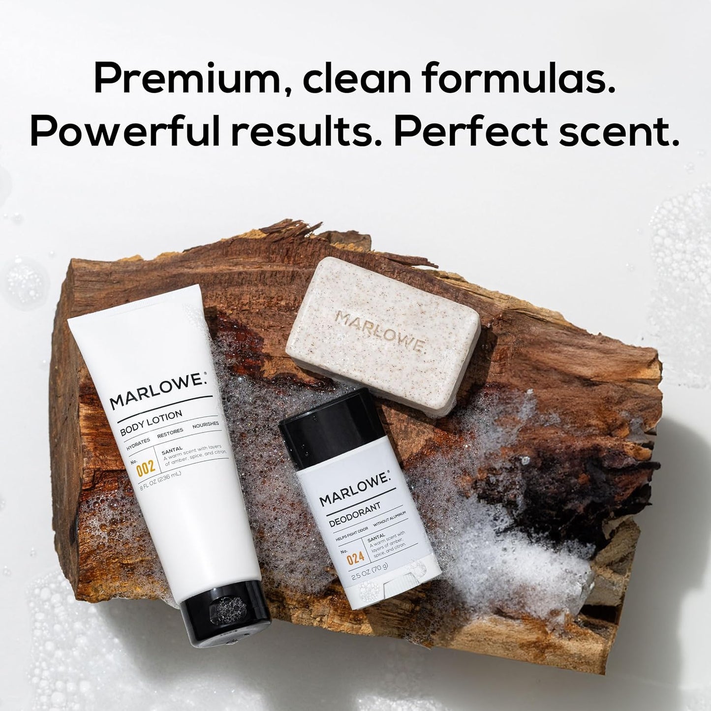 MARLOWE. Men's Grooming Santal Body Set, Features No. 102 Scrub Soap Bar, No. 024 Deodorant & No. 002 Body Lotion, Warm Amber, Sandalwood & Citron Scent