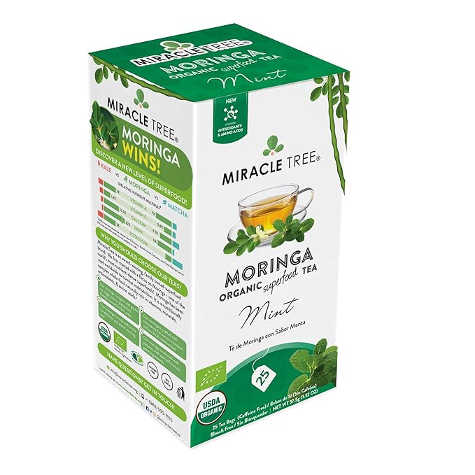 Miracle Tree - Organic Moringa Superfood Tea, 25 Individually Sealed Tea Bags, Mint (Keto, Detox, Energy & Immunity Booster, Vegan, Gluten-Free, Organic, Non-GMO, Caffeine-Free)