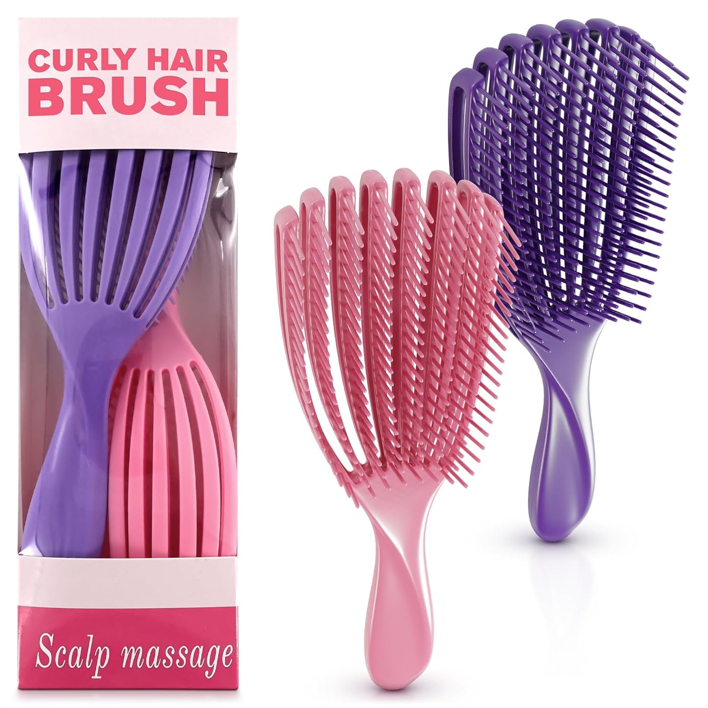 2 Pcs Detangling Curl Brush for Curly Hair Pink & Violet Set – Ergonomic Shell Shape Design and Scalp-Fitting Detangling Brush for Curly Hair and Locks – Easy Tangle Removal Curl Detangler Brushes