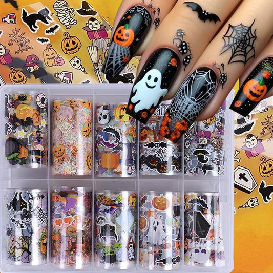 Halloween Nail Art Foils Transfer Stickers Halloween Nail Art Stickers Decals 10Rolls Pumpkin Spider Web Ghost Spider Nail Foils Adhesive Decals Nail Supplies for Women Holiday DIY Manicure Decoration