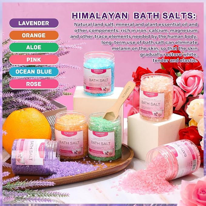 6 Pack Bath Salt KIT for Soaking Himalayan Pink Salt Lavender Orange Rose Pink Scent Epsom Salt Bubble Bath for Women Gift with Dead Sea Salt Moisturizing Skin Essential Oil