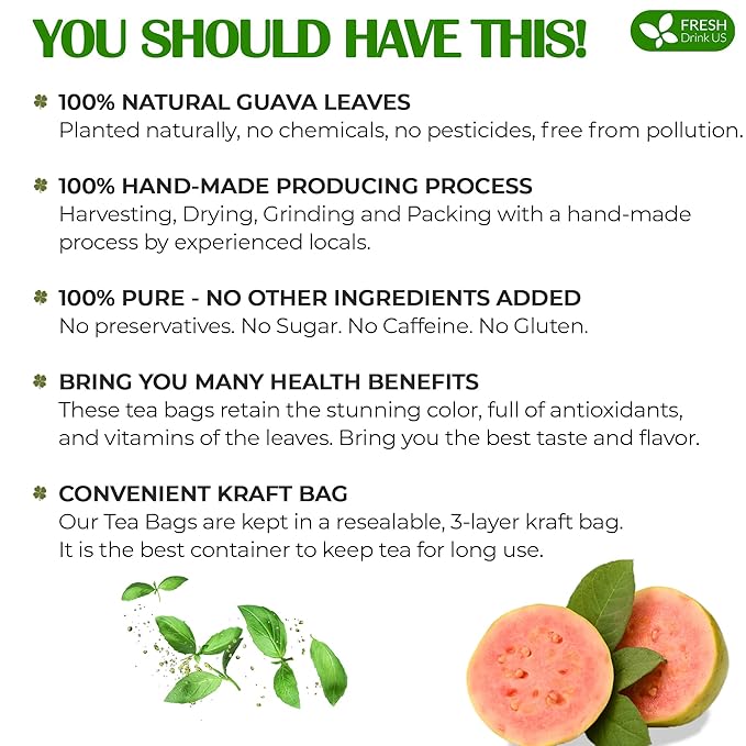 FreshDrinkUS, Premium 35 Guava Leaf Tea Bags, 100% Natural & Pure from Guava Leaves. Loose Leaf Guava Herbal Tea. Guava Leaf Tea. No Sugar, No Caffeine, No Gluten, Vegan.