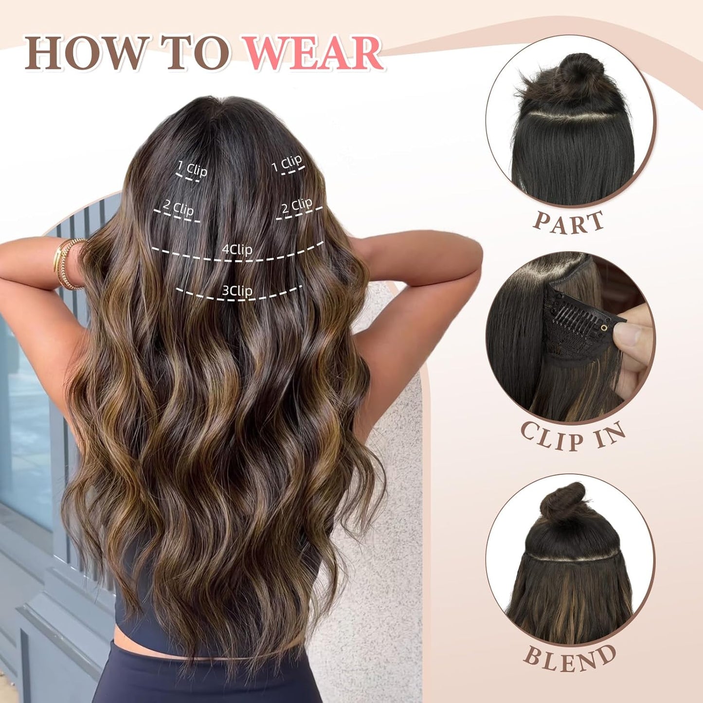 Clip in Hair Extensions for Women Black with Caramel Highlights Long Wavy Hair Extensions Clip Ins 6PCS 20 Inch Synthetic Soft and Natural Thick Hair Pieces for Women