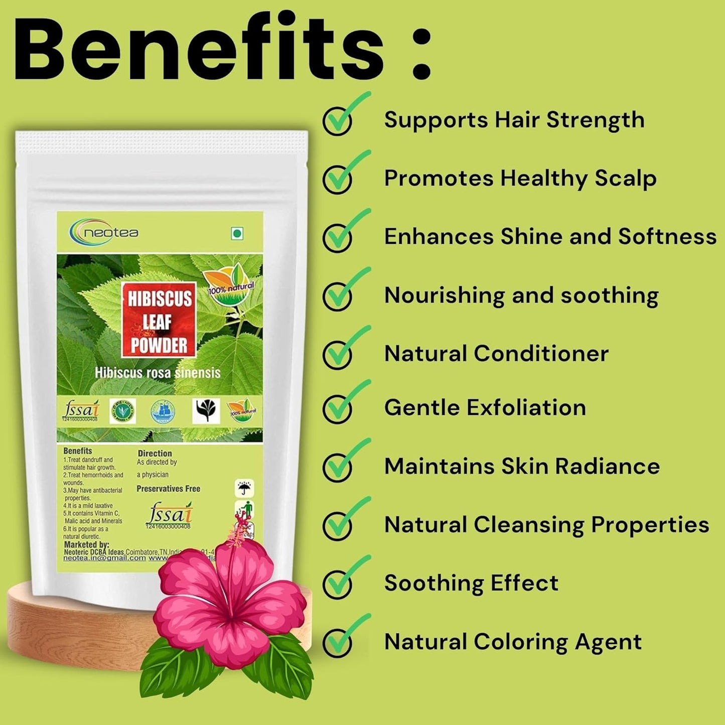 Neotea Hibiscus Leaf Powder | Sembaruthi Ilai | 300GM (10.58 OZ) – Natural Hair Fall Treatment, Promotes Hair Growth, Chemical-Free Hair Wash