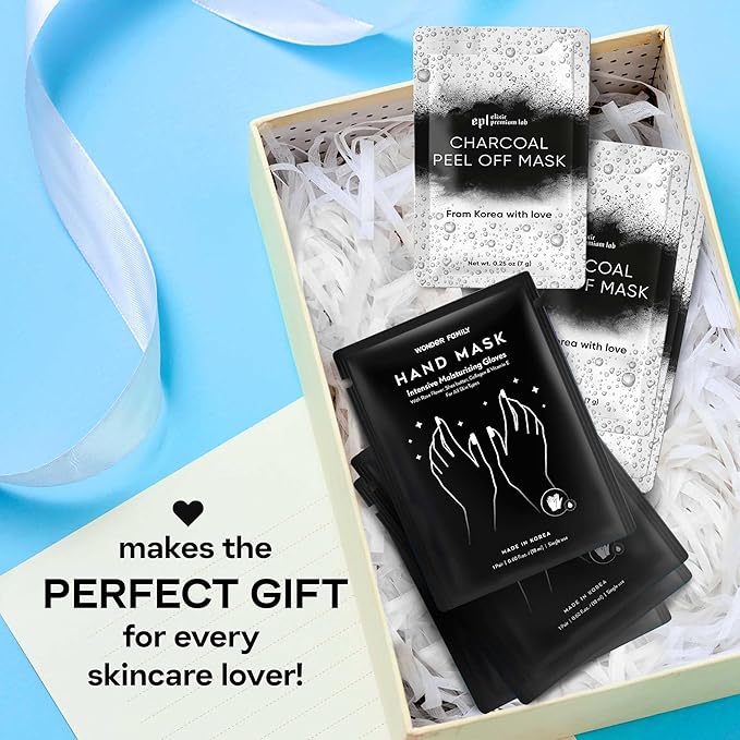 Hand Mask & Activated Charcoal Face Mask Skin Care Kit - Korean Skin Care Products Bundle for Face Skin Care & Dry Hands - Charcoal Face Mask & Hand Masks Moisturizing Glove Combo 12 pk for Spa Day