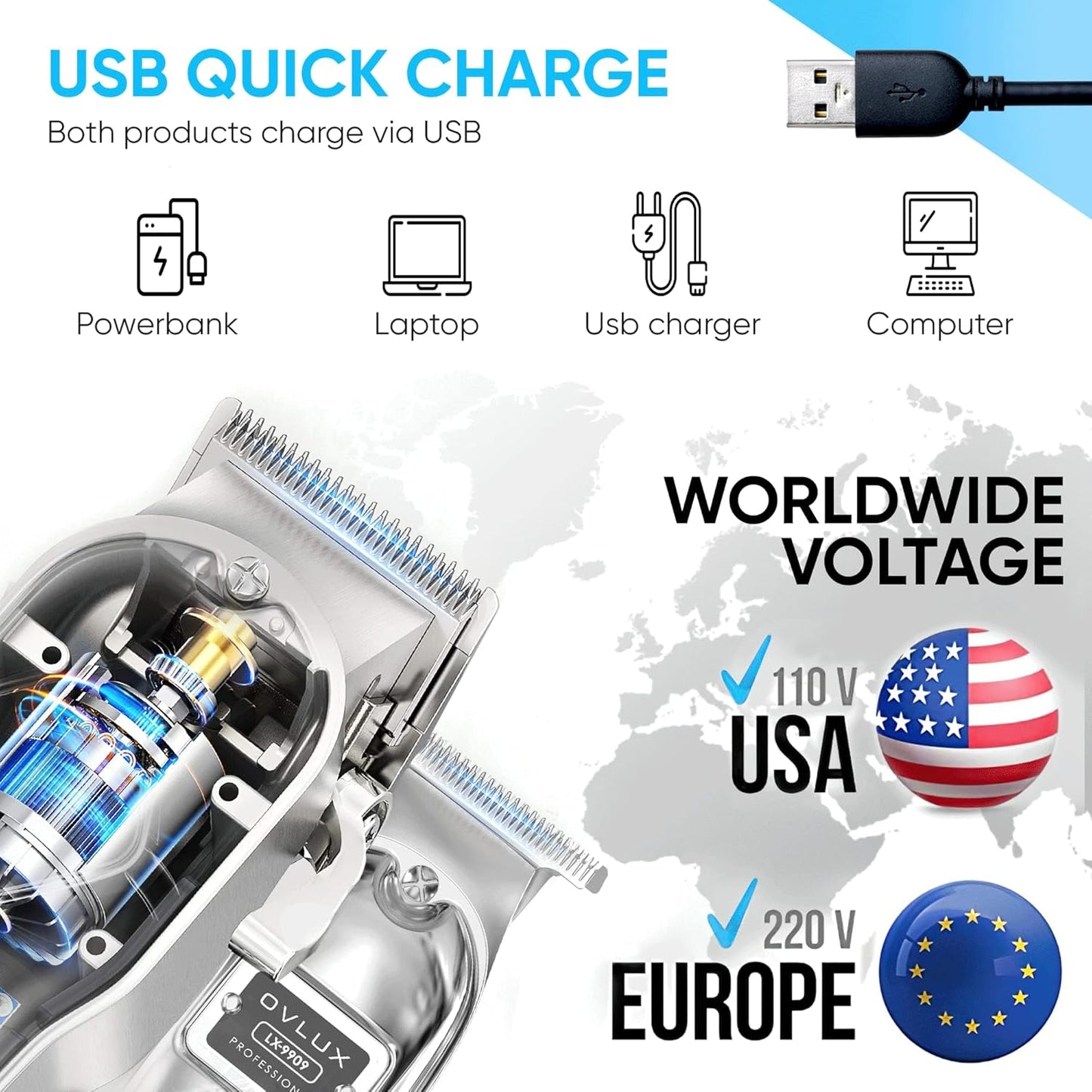 Full Metal Cordless Hair Clippers and Trimmer professional set for Men - Rechargeable Clippers for Hair Cutting, Beard T-Blade Trimmer for men, haircut machine for Self Cutting & Grooming Kit