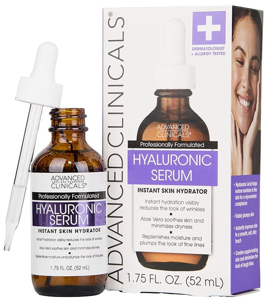 Advanced Clinicals Hyaluronic Acid Serum For Face | Moisturizing Facial Skin Care Products | Hydrating Serum For Face Helps Improve Look Of Wrinkles, Fine Lines, & Uneven Dry Skin Texture, 1.75 Fl Oz