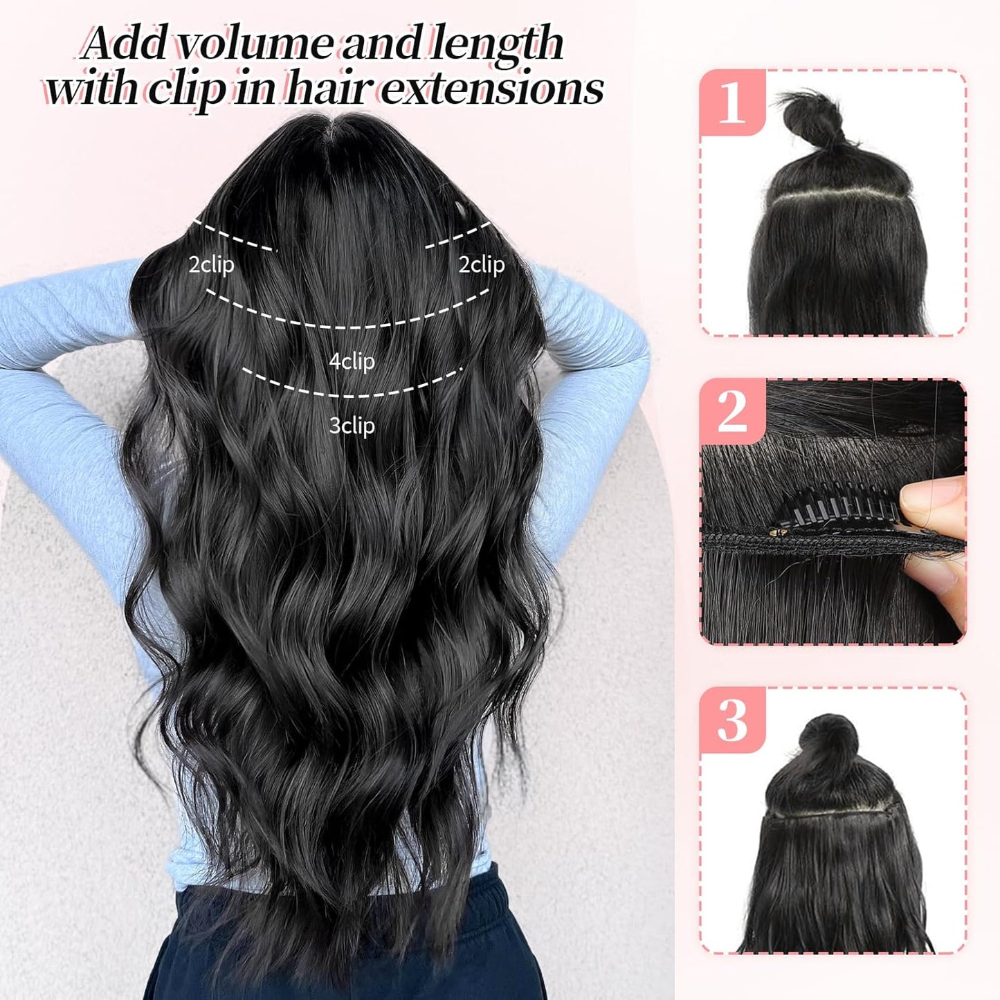 KooKaStyle Clip in Long Wavy Synthetic Hair Extension 20 Inch Blue - Black Streak 4PCS Thick Hairpieces Fiber Double Weft Hair for Women