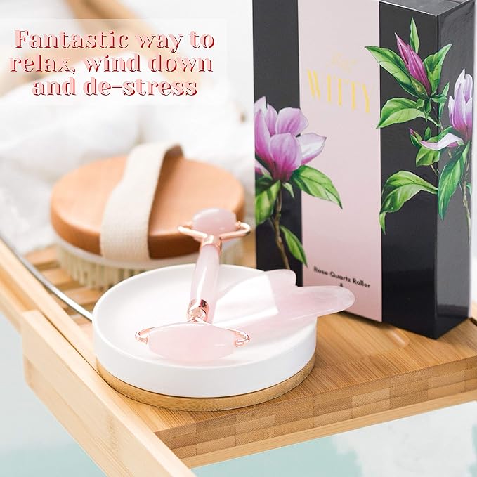 WITTY Rose Quartz Roller for Face, Gua Sha Stone Set in Hand-Drawn Giftbox - Jade Face Roller, Face Massager Roller, Face Scraper Tool - Guasha Tool for Face Roller Skin Care, Eyes, Neck - Extra Pouch