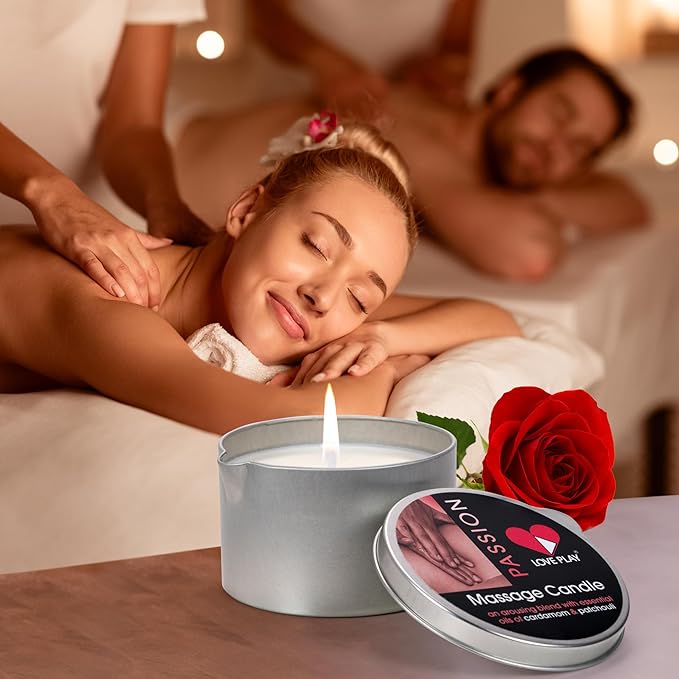 LOVE PLAY Massage Oil Candle for Pure Relaxation and Home SPA - Vegan Moisturizing Body Oil - Hydrating Skin Care with Essential Oils (6.76oz)