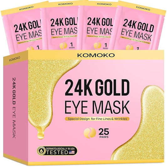 Komoko 25-Pairs 24K Gold Under Eye Patches, Skin Care, Golden Under Eye Mask Anti-Aging Collagen & Amino Acid, Eye Mask for Removing Dark Circles, Puffiness and Wrinkles, Refresh Your Under Eye Skin